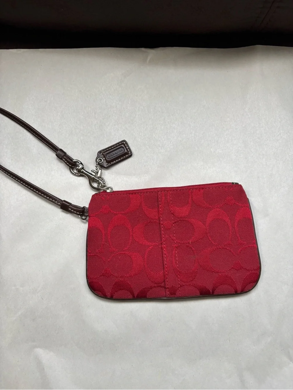 Coach Red Signature Canvas Mini Wristlet with Brown Leather Strap
